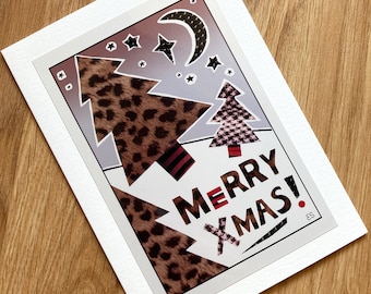 Leopard Print Christmas Card, Cheetah Print Merry Xmas Card, Red White and Black Collage Greeting Card