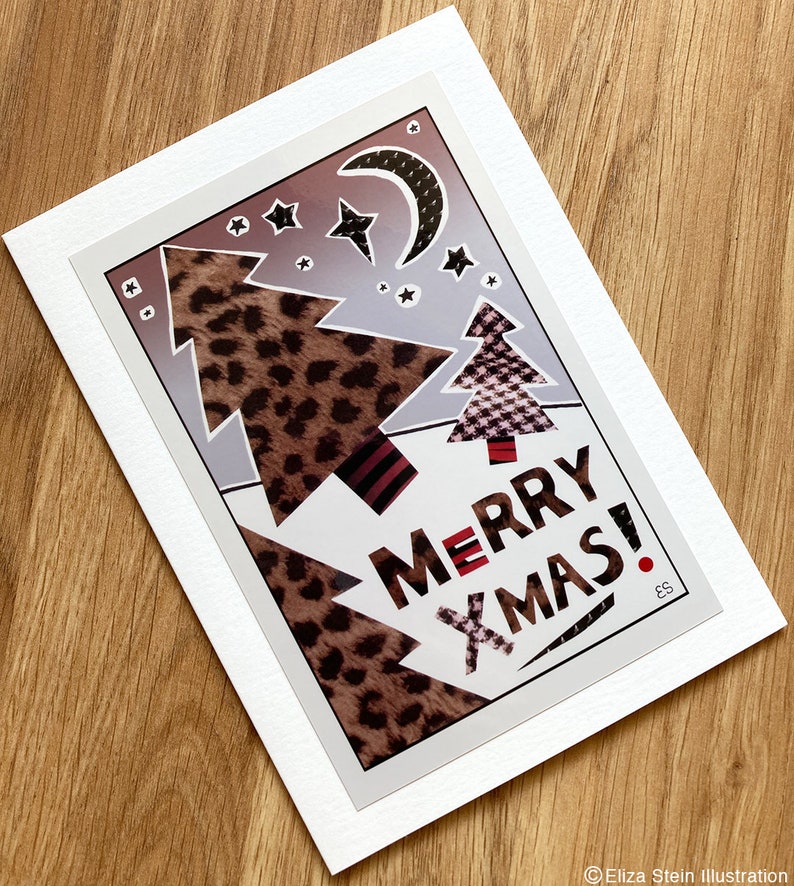 Leopard Print Christmas Card, Cheetah Print Merry Xmas Card, Red White and Black Collage Greeting Card image 1