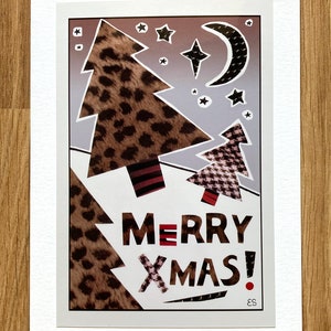 Leopard Print Christmas Card, Cheetah Print Merry Xmas Card, Red White and Black Collage Greeting Card image 2