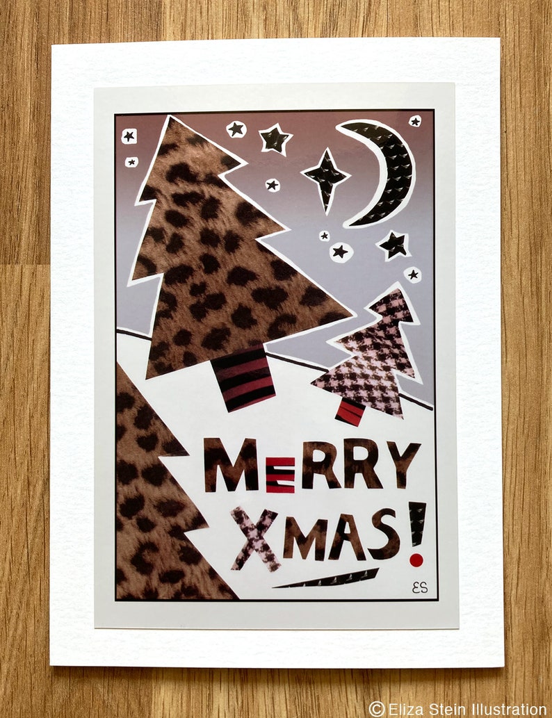 Leopard Print Christmas Card, Cheetah Print Merry Xmas Card, Red White and Black Collage Greeting Card image 2