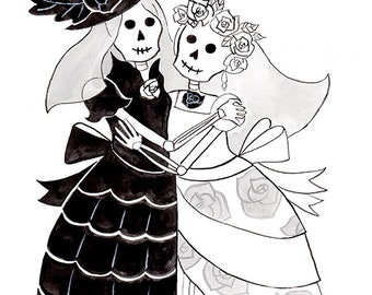 Catrinas Giclee Print, 9x12, Lesbian, Skeletons, Queer, Couple, LGBTQ Pride, Black and White Illustration, Fine Art Print, Goth Wedding Gift