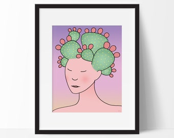 Prickly Pear Cactus Woman 8x10 Art Print, For Girls, Child's Room, Cacti, Southwestern Desert Decor