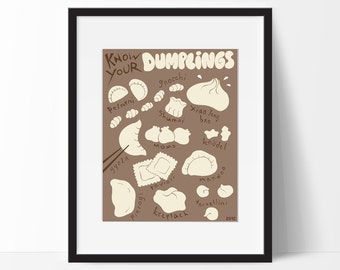 Dumplings, *Original Know Your Dumplings Poster* Kitchen Wall Art, Food Art, Fine Art Print, Brown, Tan, US Letter Size