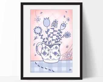 Spring Bouquet Art Print, Flowers in a Royal Copenhagen Pitcher with Spiders, Insects, Pink and Blue Abstract Still Life, Floral Decor