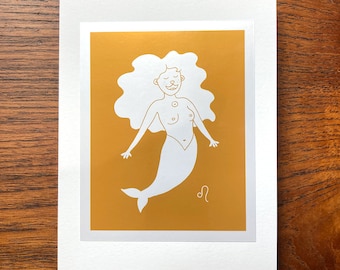 Leo Zodiac Sign Birthday Greeting Card, Lion Mermaid, Star Sign, Horoscope, Astrology, Blank Card