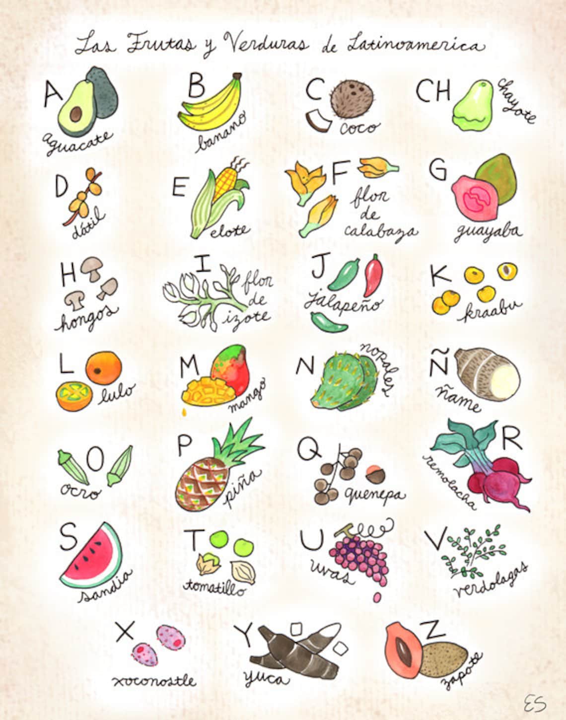 Fruits and Vegetables of Latin America Spanish Alphabet Poster, Food ...