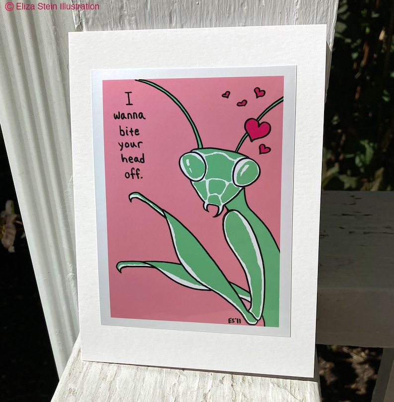 Praying Mantis Funny Valentine Card, Insect, Weird, Offbeat for Valentines Day, Blank, 5x7 I Love You Greeting Card image 3