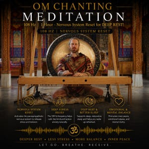 Könnte beinhalten: Eine digitale Grafik mit dem Text OM CHANTING MEDITATION 108 Hz 1 Hour - Nervous System Reset for DEEP REST! Eine Person sitzt hinter einem hölzernen Saiteninstrument vor einem großen Gong. Vier kreisförmige Symbole beschreiben die Vorteile.