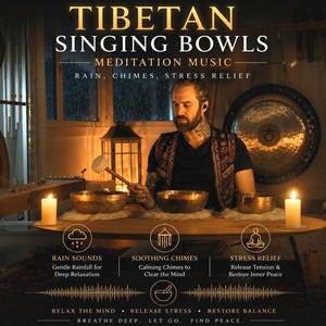 May include: Three metallic Tibetan singing bowls arranged on a wooden table with a mallet. Text reads: TIBETAN SINGING BOWLS MEDITATION MUSIC RAIN, CHIMES, STRESS RELIEF. Includes icons for rain, chimes, and meditation, plus text about relaxation and peace.