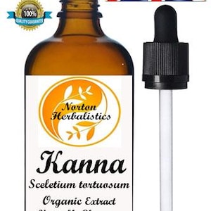 May include: A brown glass bottle with a white label displaying the word "Kanna" and "Organic Extract". A black dropper is positioned beside the bottle. The image includes a "100% Organic" seal and a "Quality Guarantee" seal.