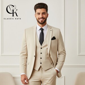Men's Cream 3-Piece Suit | Custom-Tailored Wedding & Formal Wear | Perfect for Grooms, Events and Dinners | Elegant Gift for Him