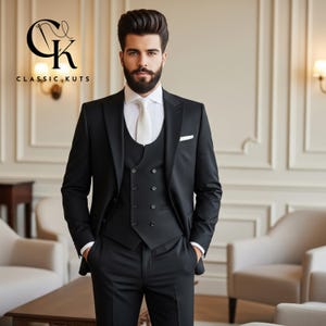 Schwarzer 3-teiliger Herrenanzug | Doppelreihige Weste | Maßgeschneiderte Hochzeit & Abendkleidung | Perfekt für Bräutigame | Elegantes Geschenk für Ihn