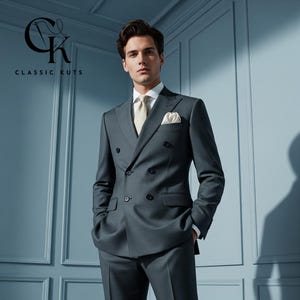 Herren stahlgrauer zweireihiger 2-teiliger Anzug | Maßgeschneiderte Hochzeit & Abendkleidung | Perfekt für Bräutigame | Elegantes Geschenk für Ihn