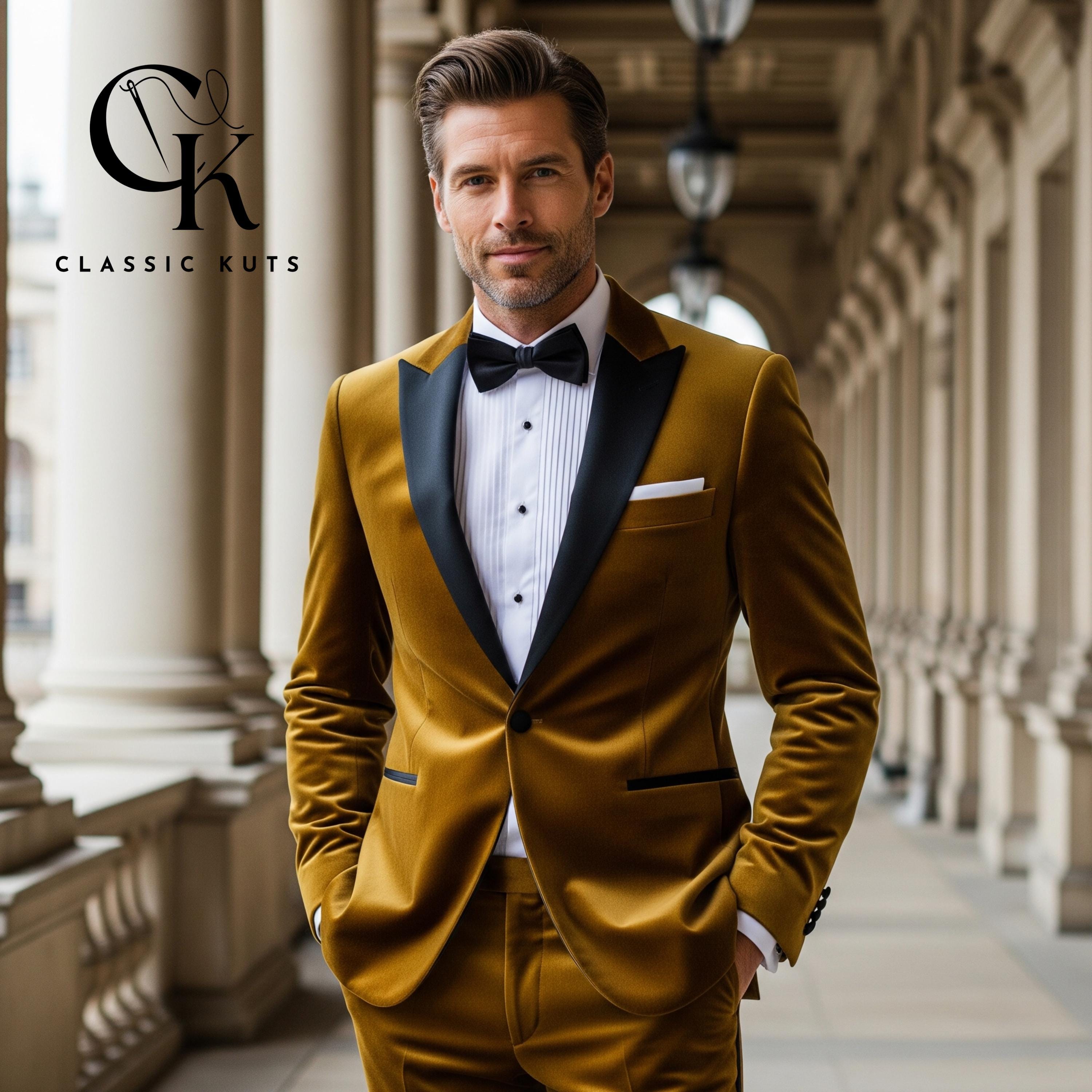 Custom Gold Velvet Tuxedo Suit: Slim Fit Wedding & Formal Wear