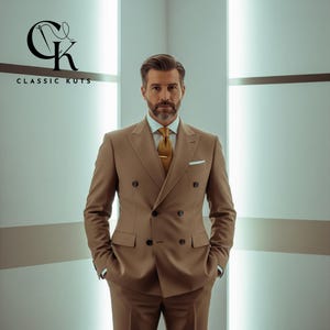 Men’s Pale Brown Double Breasted 2-Piece Suit | Custom-Tailored Wedding & Formal Wear | Perfect for Grooms | Elegant Gift for Him