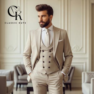 Men’s Beige 3-Piece Suit | Double Breasted Waistcoat | Custom-Tailored Wedding & Formal Wear | Perfect for Grooms | Elegant Gift for Him