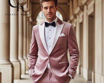 May include: A formal pink velvet suit with a white lapel and a black bow tie. The suit includes a jacket, pants, and a white pocket square. The image also includes the text "CLASSIC KUTS".