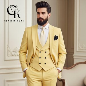 Men’s Yellow 3-Piece Suit | Double Breasted Waistcoat | Custom-Tailored Wedding & Formal Wear | Perfect for Grooms | Elegant Gift for Him