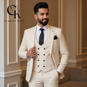 Men’s Cream 3-Piece Suit | Double Breasted Waistcoat | Custom-Tailored Wedding & Formal Wear | Perfect for Grooms | Elegant Gift for Him