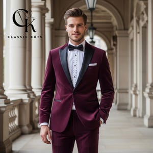 Men’s Burgundy Velvet Tuxedo 2-Piece Suit | Custom-Tailored Wedding & Formal Wear | Perfect for Grooms | Elegant Gift for Him