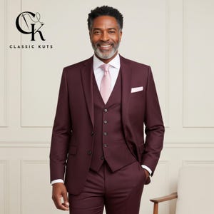 Men’s Burgundy 3-Piece Suit | Custom-Tailored Wedding & Formal Wear | Perfect for Grooms, Events and Dinners | Elegant Gift for Him