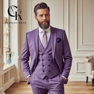 Men’s Purple 3-Piece Suit | Double Breasted Waistcoat | Custom-Tailored Wedding & Formal Wear | Perfect for Grooms | Elegant Gift for Him