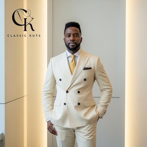 Men’s Ivory Double Breasted 2-Piece Suit | Custom-Tailored Wedding & Formal Wear | Perfect for Grooms | Elegant Gift for Him