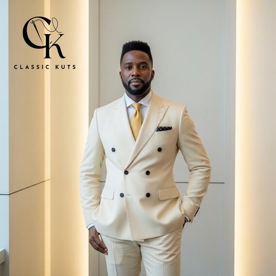 Custom-Tailored Ivory Double Breasted Suit: Wedding & Formal Wear