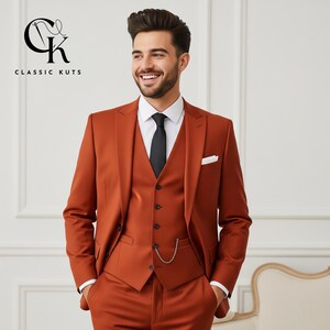 Men’s Orange 3-Piece Suit | Custom-Tailored Wedding & Formal Wear | Perfect for Grooms, Events and Dinners | Elegant Gift for Him