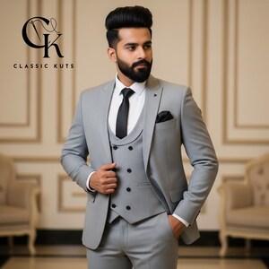 Grauer 3-teiliger Herrenanzug | Doppelreihige Weste | Maßgeschneiderte Hochzeit & Abendkleidung | Perfekt für Bräutigame | Elegantes Geschenk für Ihn