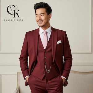 Men’s Red 3-Piece Suit | Custom-Tailored Wedding & Formal Wear | Perfect for Grooms, Events and Dinners | Elegant Gift for Him