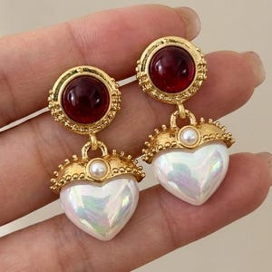 Vintage Heart Pearl Drop Earrings, Ruby Red Cabochon Dangles, Romantic Coquette Aesthetic Jewelry, Victorian Style Ornate Heart Earrings