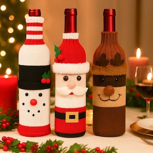 Christmas Wine Bottle Cover – Santa Snowman Reindeer Knit Bottle Sleeve – Holiday Table Decoration & Gift – Xmas Home Decor