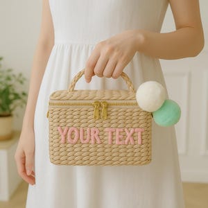 Custom Woven Straw Bag with Name | Personalized Handmade Rattan Purse | Cute Pom Pom Gift for Women or Girls