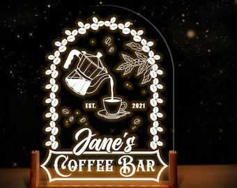 Personalized Coffee Bar Night Light, Custom Barista Gift, Coffee Lover LED Sign, Cafe Counter Decor, Nightlight Kitchens