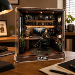May include: A miniature diorama of a home office inside a clear display case with a wooden frame. The scene features a desk, computer monitor, shelves with books, plants, and a figurine of a person sitting in a chair. The name DAVID is on a plaque.