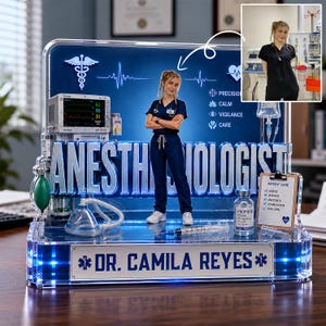 May include: An illuminated display in blue and white, featuring a miniature medical professional figure. The display includes the text "ANESTHESIOLOGIST" and "DR. CAMILA REYES". Medical equipment and a vial of Propofol are also visible.