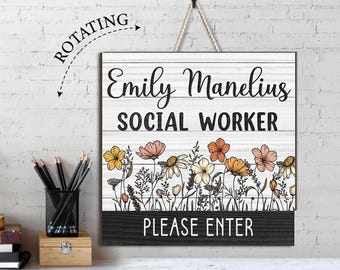 Personalized Social Worker Wooden Office Door Hanger, Rotating Status Sign, Manager Office Decor