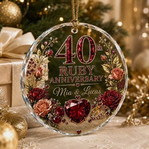 May include: A circular glass ornament featuring the text 40th RUBY ANNIVERSARY, Mia & Lucas, and 1986-2026. The design includes a large central red heart-shaped gemstone, two gold rings, and detailed illustrations of red roses and gold foliage.