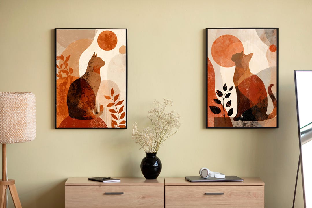 Boho Cat Wall Art Set of 2 – Cute Cat Prints With Plants | Neutral ...