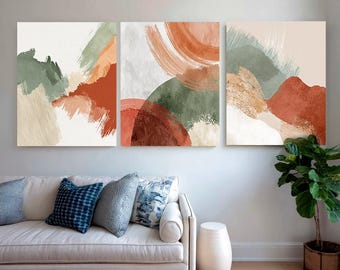 Zestaw 3 abstrakcyjnych grafik ściennych w stylu boho – nadruki w kolorze terakoty i ciemnej zieleni, nowoczesny minimalistyczny wystrój geometryczny, neutralna grafika ścienna do druku