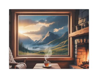 Mountain View Cabin Canvas Art, Fireplace, Tea Table, Rustic Lodge Decor