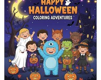 May include: A colorful illustration for Halloween featuring children in costumes, including a ghost, monster, and witch. The text "Happy Halloween Coloring Adventures" is displayed above the children. Pumpkins and a spooky house are also visible.