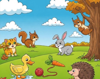 Puede incluir: Ilustración de dibujos animados colorida de varios animales en un parque. Se muestra un pato amarillo, un gato naranja, un conejo gris y ardillas marrones. También hay un erizo y una zanahoria. El fondo incluye un árbol, nubes y un cielo azul.