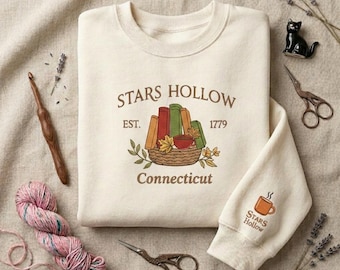 Cozy Autumn Town Embroidered Shirt, Fall Book Lover Gift, Coffee Reader Tee