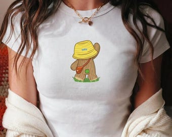 Bear Bucket Hat Baby Tee, Y2K Kawaii Graphic Crop Top, Organic Cotton