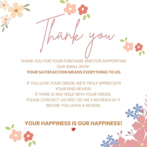 Puede incluir: Una tarjeta blanca con ilustraciones florales rosas y la inscripci&oacute;n "Thank you" en rosa. El texto de la tarjeta agradece a los clientes su compra y apoyo a una peque&ntilde;a tienda y solicita una rese&ntilde;a.