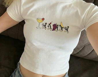 Penguin Cocktail Baby Tee, Y2K Graphic Crop Top, Organic Cotton Shirt