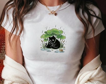 Black Cat Baby Tee, Cottagecore Graphic Shirt, Organic Cotton Kawaii Top