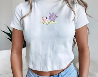 Cute Gengar Clefairy Baby Tee, Kawaii Pokemon Cartoon Shirt, Pastel Anime Graphic Tee, Cute Aesthetic Crop Top